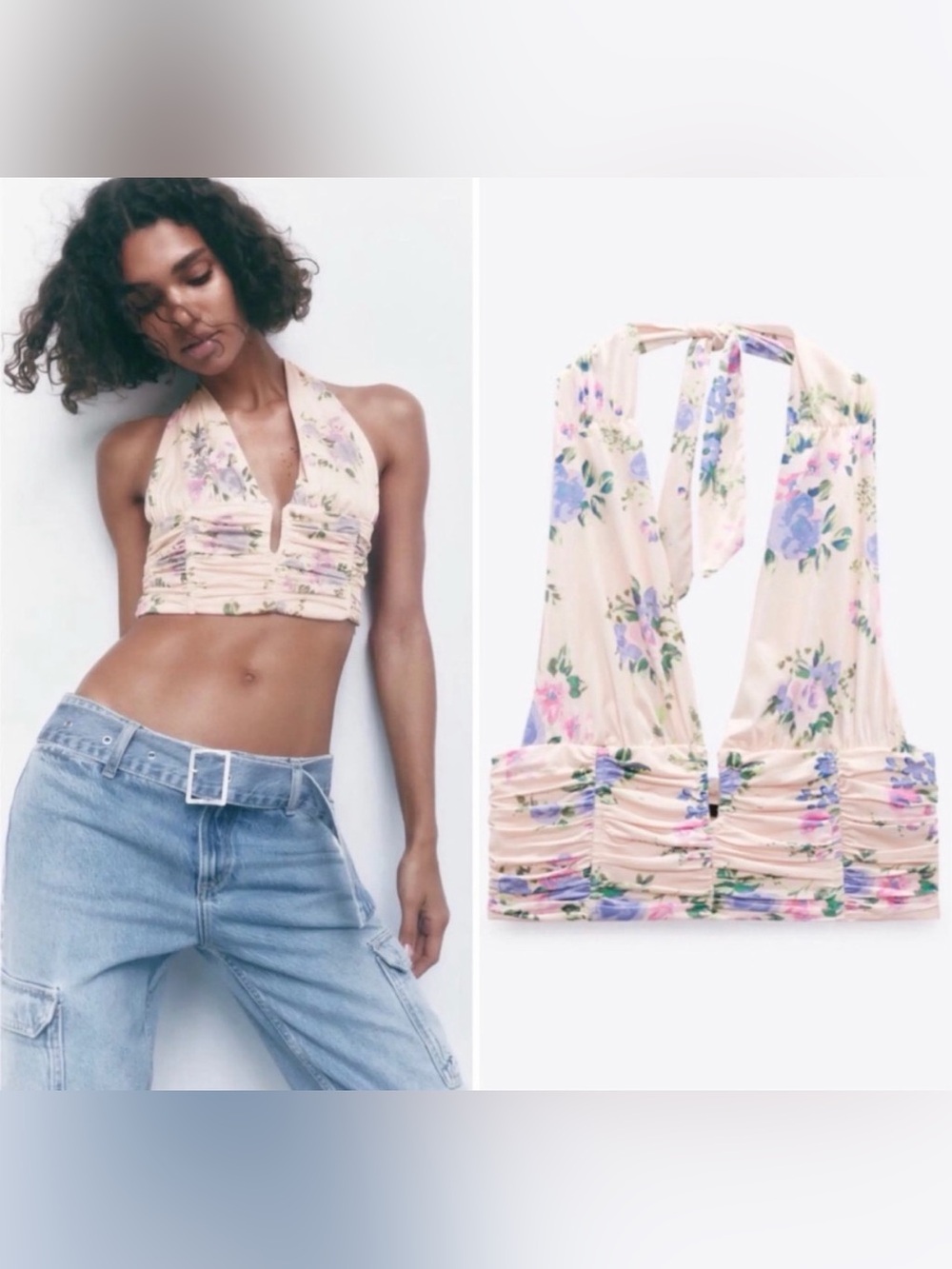 Zara Floral Halter Ruched Crop Top - Cream with Pastel Florals Sz M